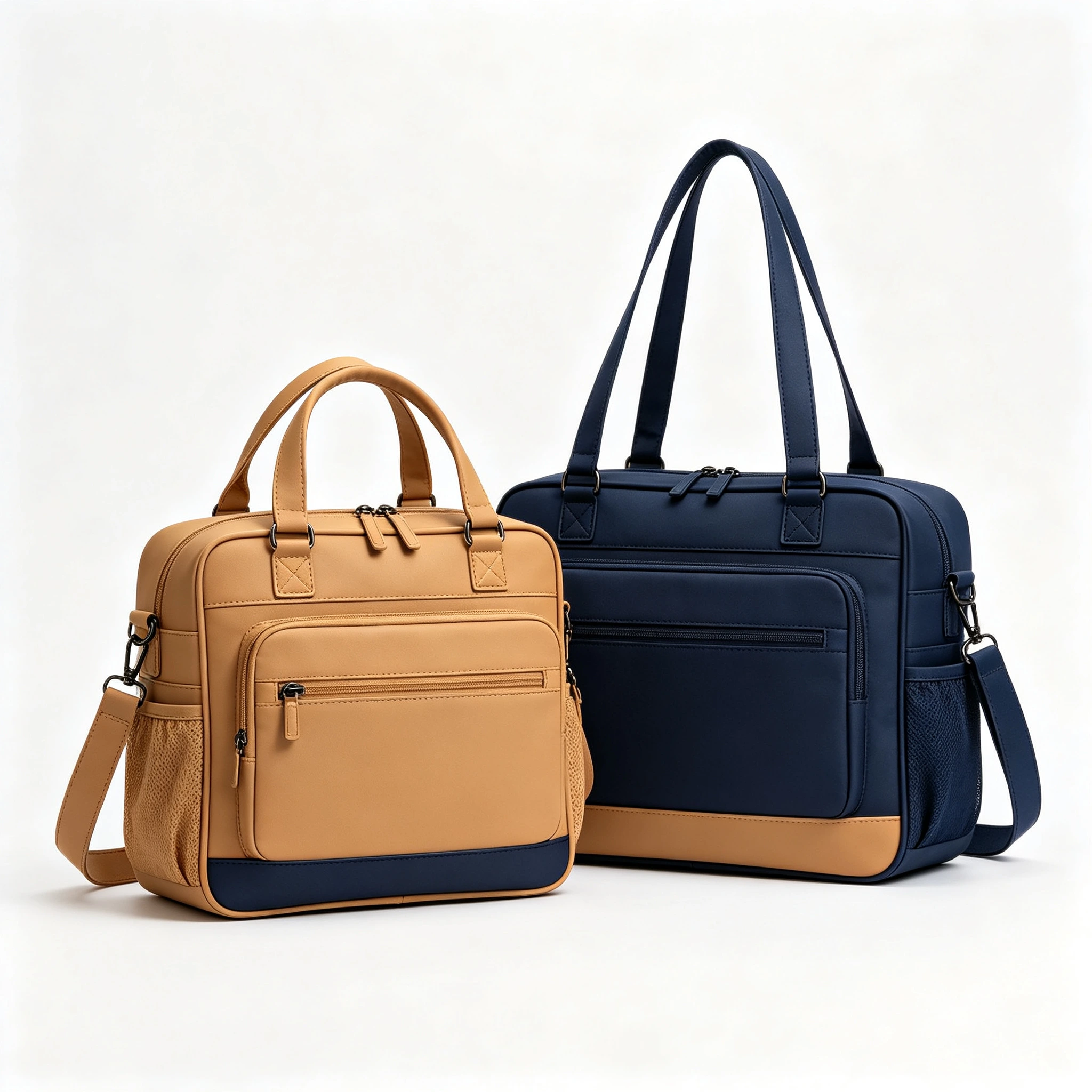 Brown leather golf bag paired with navy accents