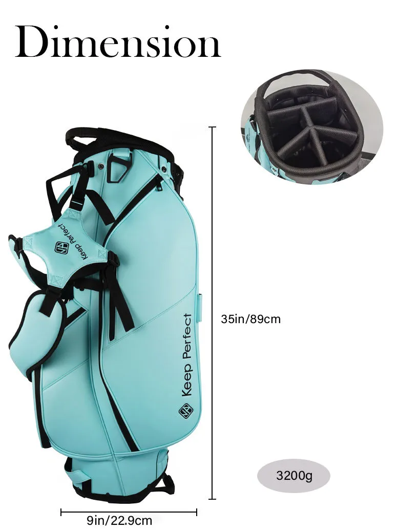 Premium golf stand bags displayed in a professional showroom, showcasing modern design and materials