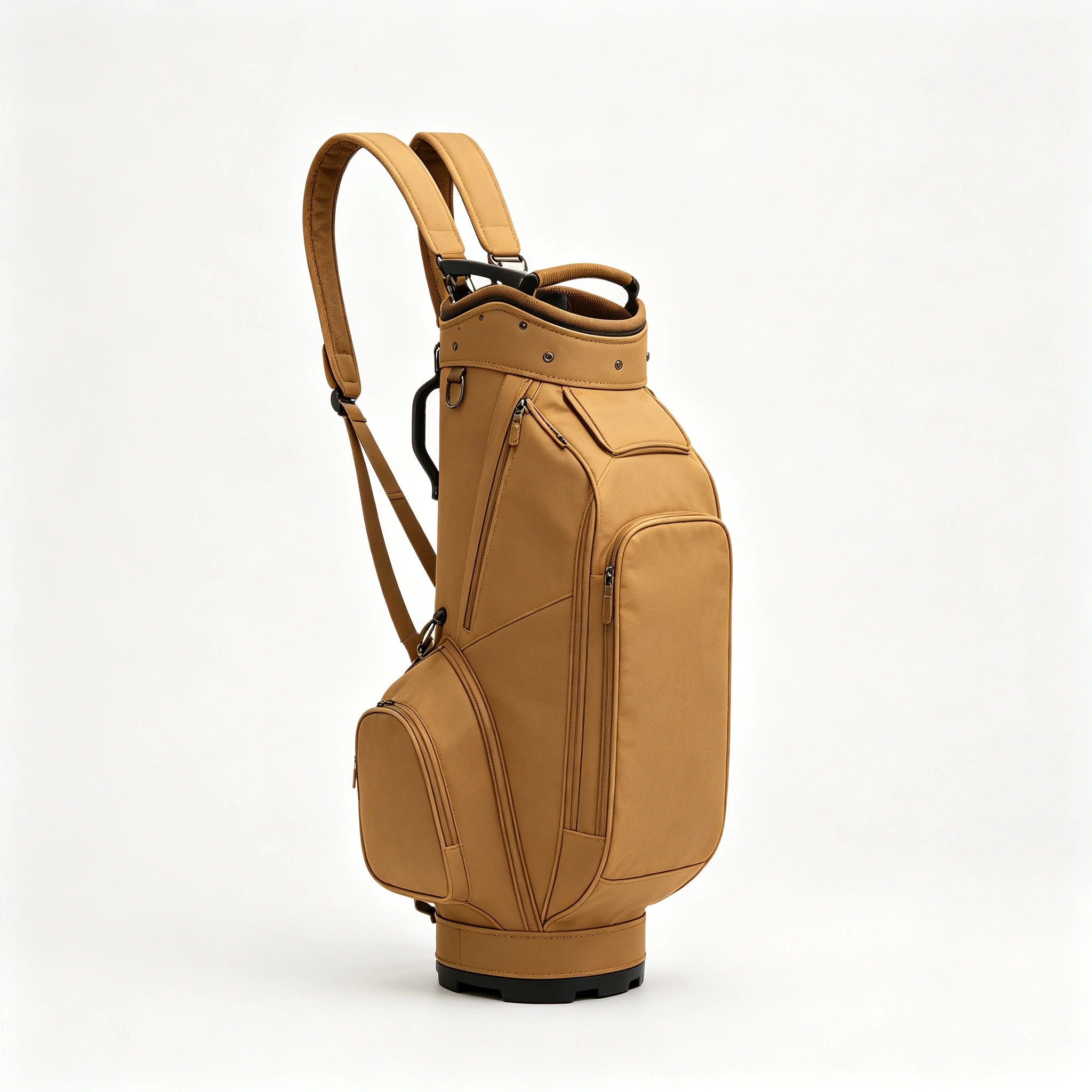 Premium golf stand bags displayed in a professional showroom, showcasing modern design and materials