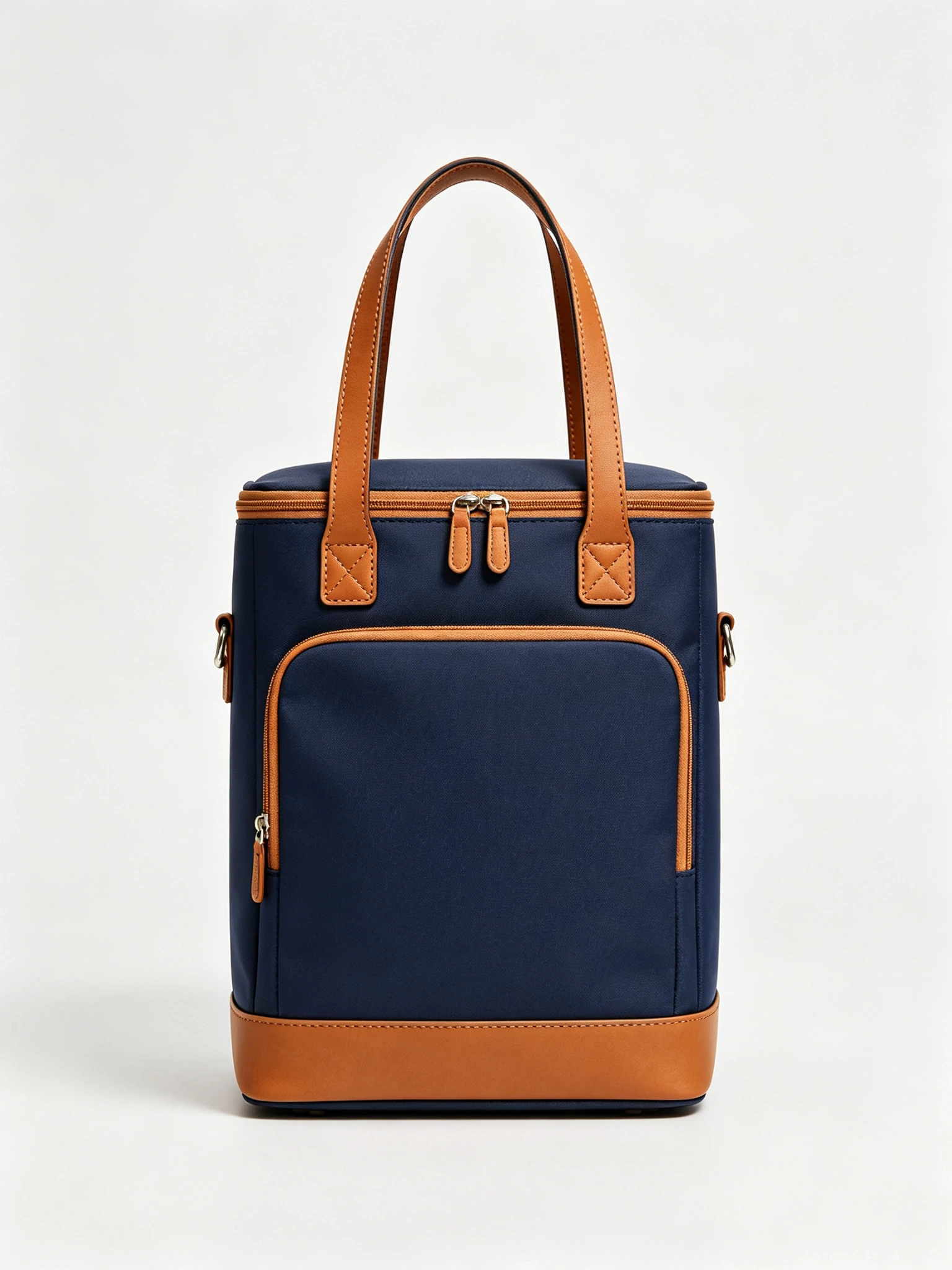 Rich brown leather bag with navy trim and patina potential