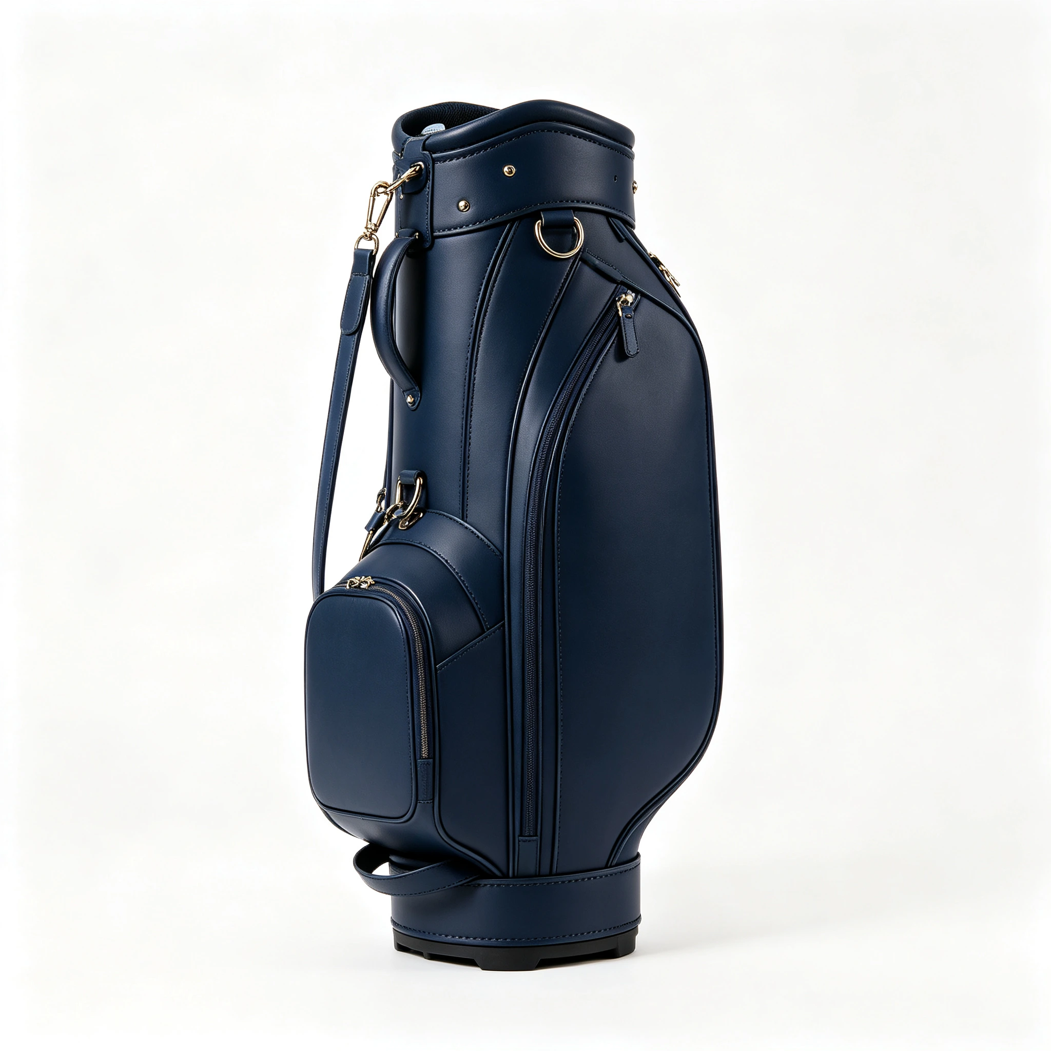 Navy leather staff bag with hand-finished edges and brass hardware